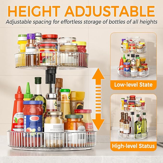 2-Tier Lazy Susan 360° Rotating Turntable Organizer Rack with Handles Height Adjustable, Spice Rack Holder Organizer for Cabinet, Pantry Organizers Bathroom Countertop Storage (Transparent Color)