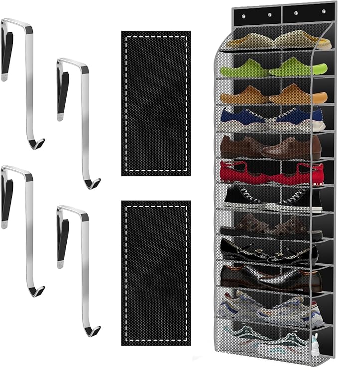 Kotkn Over The Door Shoe Organizer with 12 Large Breathable Pockets - Durable Hanging Storage for the Entire Family's Shoes (Black)