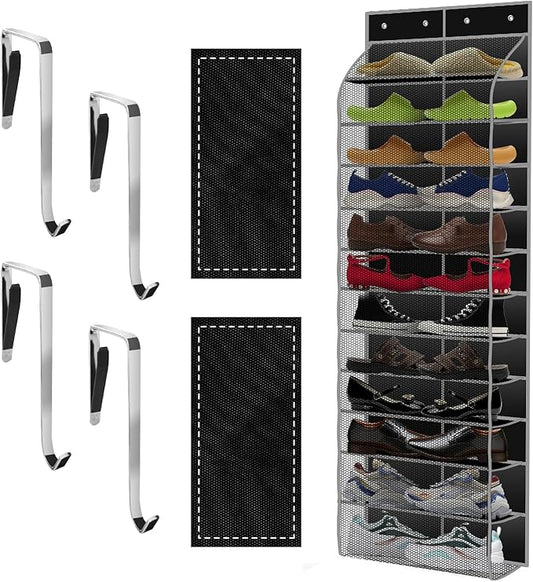 Kotkn Over The Door Shoe Organizer with 12 Large Breathable Pockets - Durable Hanging Storage for the Entire Family's Shoes (Black)