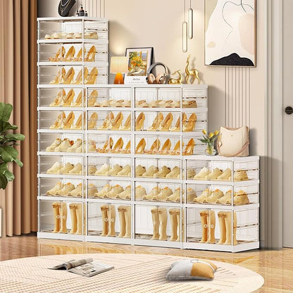 CIMLORD 6-Tier Foldable Shoe Rack for Closet Entryway 12-24Pairs,Stackable Clear Shoe Storage Boxes Organizer with Door Plastic Shoe Cabinet Bins with Lids Shoes Shelf Easy Assembly Large White