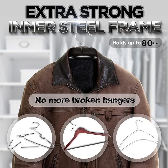 Clothes Hangers - 20 Pack, Black - Solid Premium Steel Iron Clothing & Sweater Hangers - Non-Slip No Shoulder Bumps with Grippy Coating - Sleek, Slim & Rounded - Space Saving Solution - by Zoe Deco