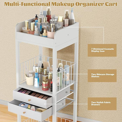 Makeup Organizer Storage Cart, Rolling Floor Skincare Organizer with 2 Drawers, Makeup Vanity Organizer Cosmetics Display Cases Holder for Skin Care, Perfume, Makeup Brush, Nail Polish, Hair Tools