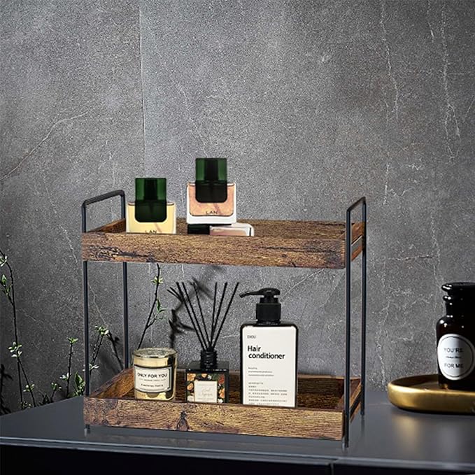 mahueeol 2 Tier Bathroom Counter Organizer Wood Bathroom Storage Shelf Spice Rack for Kitchen Countertop Vanity Tray Makeup Storage Coffee Station Organizer-Rustic Brown