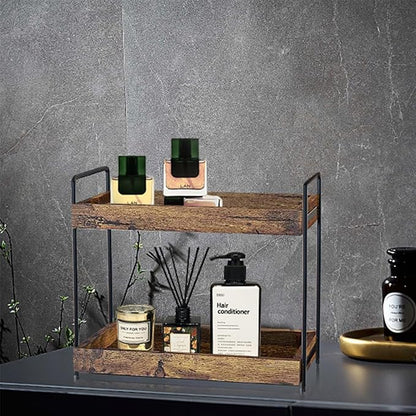 mahueeol 2 Tier Bathroom Counter Organizer Wood Bathroom Storage Shelf Spice Rack for Kitchen Countertop Vanity Tray Makeup Storage Coffee Station Organizer-Rustic Brown