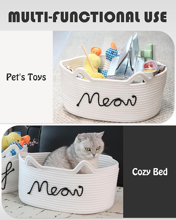 Sea Team Cat Toy Basket with Handles, 16.5 x 11 x 7 Inches, 4.4 Gallons Large Cotton Rope Storage Bin, Box, Shelf Organizer for Pet Chew Toys, Foods, White Meow