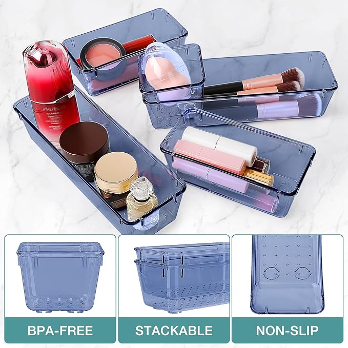StorMiracle 13 PCS Drawer Organizer Set, 5 Varied Size Bathroom and kitchen Drawer cabinet organizer Trays, Clear Storage Bins for Makeup, Jewelry, Utensils and Gadgets, Dark Blue
