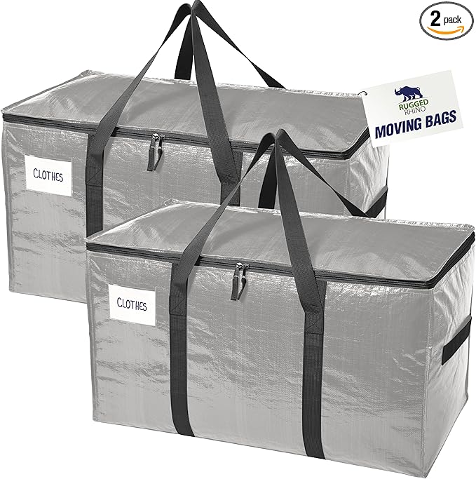 RUGGED RHINO Heavy Duty Extra Large Moving Bags, Durable Bag with Strong Handles and Zipper, Moving Boxes Alternative for College Packing, Holiday Décor, Space Saving Storage with Label, 2 Pack Silver