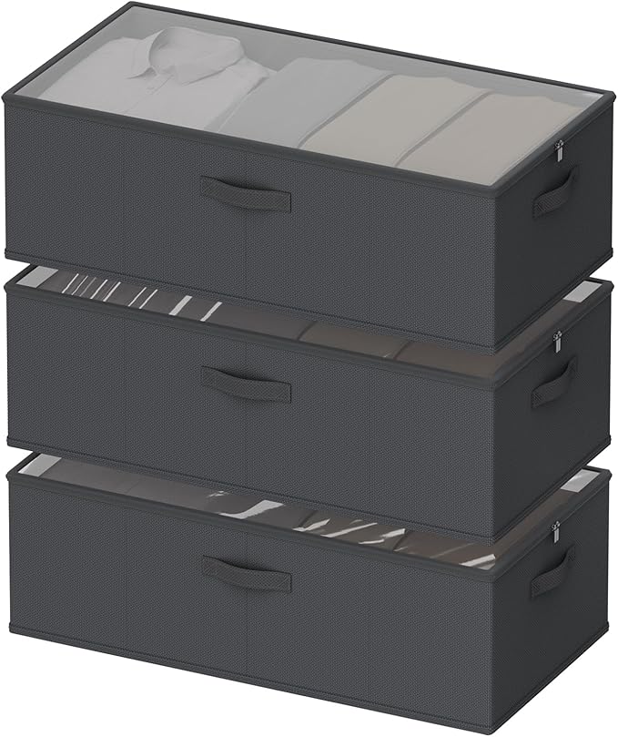 10inch 3 Pack Under Bed Storage Containers, 10 Inch Tall Underbed Clothes Storage Organizer Bin with Clear Window，Foldable Box Basket for Clothes, Closet, Bed Sheets and Blankets Black