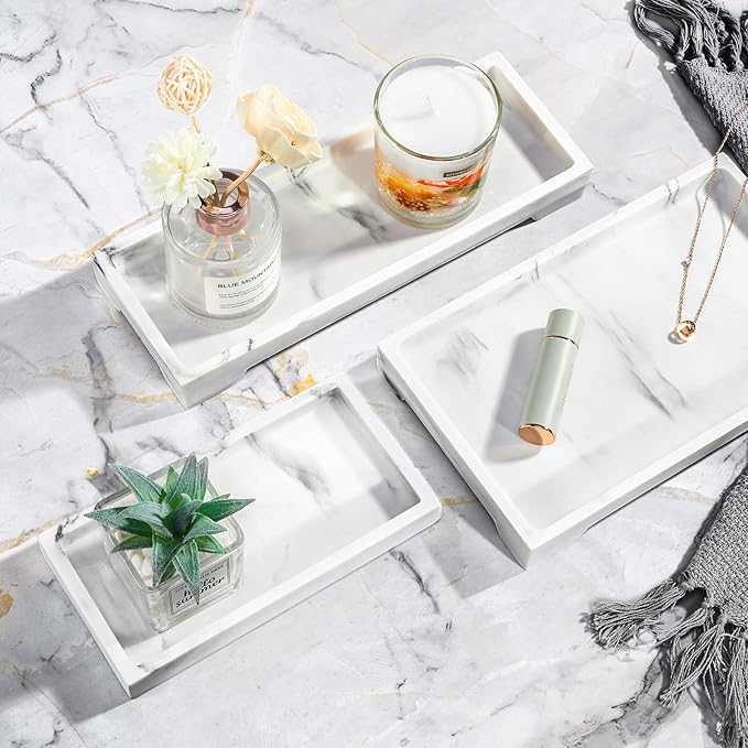 Luxspire Bathroom Vanity Tray, 8 x 4 inch Resin Dresser Jewelry Ring Dish Tank Storage Kitchen Sink Countertop Organizer Plate Holder for Perfume Soap Towel Bathroom Accessories, Mini, Gravel White