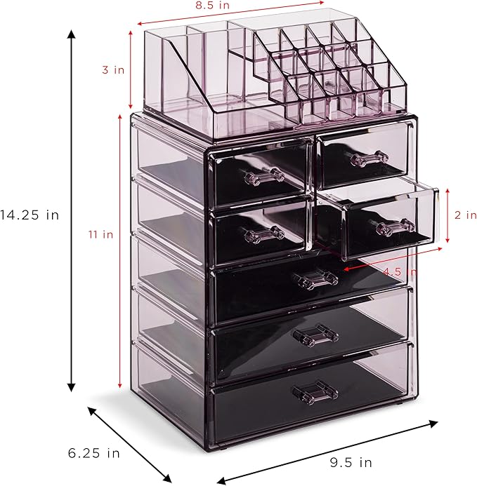 Sorbus Acrylic Makeup Organizer Set, 7-Drawer Vanity & Countertop Cosmetic Storage with Small & Wide Compartments, Purple Makeup Storage for Brushes, Jewelry – Holiday Gift for Women & Teens