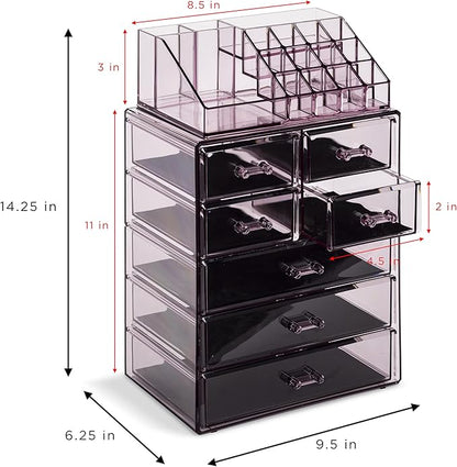 Sorbus Acrylic Makeup Organizer Set, 7-Drawer Vanity & Countertop Cosmetic Storage with Small & Wide Compartments, Purple Makeup Storage for Brushes, Jewelry – Holiday Gift for Women & Teens
