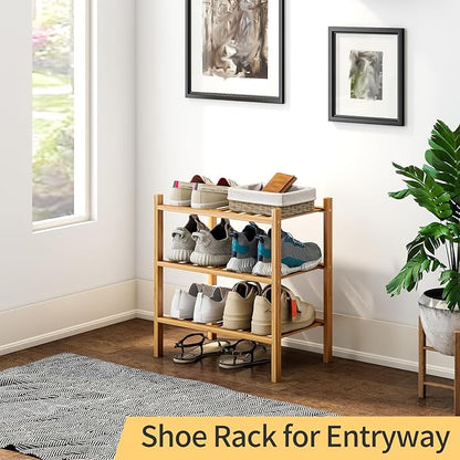3-Tier Small Shoe Rack for Entryway, Stackable | Heavy Duty | Multi-Function, Bamboo Free Standing Shoe Racks for Bedroom Hallway Closet