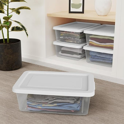Sterilite 24 Pack Storage Box, 12 Quart Stackable Tote, Clear Plastic Container with Secure Snapping Lids for Home and Office Organization, White