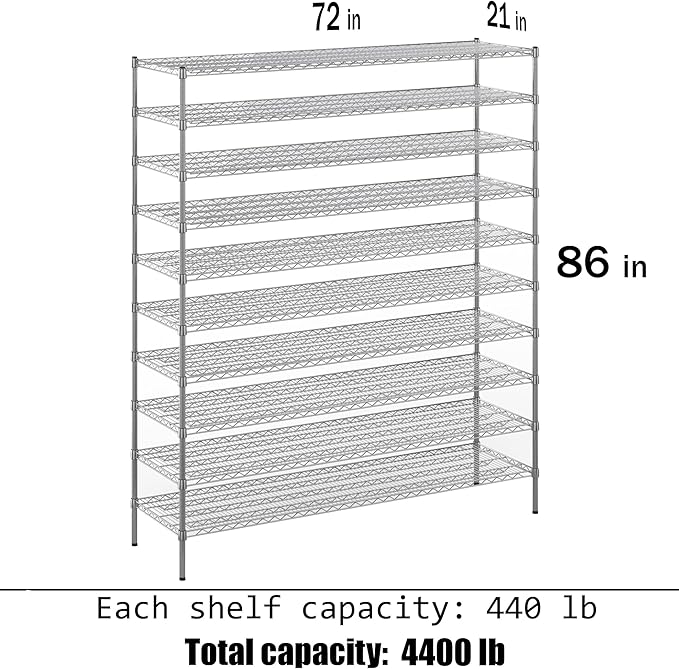 21" Deep x 72" Wide x 86" Height Wire Shelving Kit | 10-Tier | NSF Commercial Storage Rack Unit