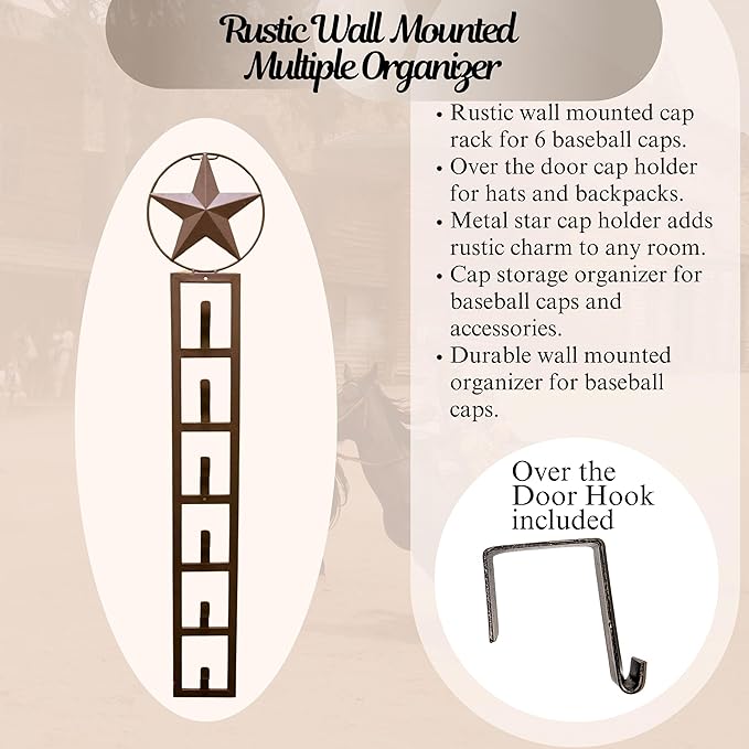 BestGiftEver Wall Mounted Metal Star Baseball Cap Holder Organizer Rack for Baseball Caps, Backpack Storage, Rustic Cap Organizer, Hat Storage Solution for Sports Fans, Dorm Room, and Home Decor