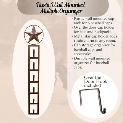 BestGiftEver Wall Mounted Metal Star Baseball Cap Holder Organizer Rack for Baseball Caps, Backpack Storage, Rustic Cap Organizer, Hat Storage Solution for Sports Fans, Dorm Room, and Home Decor