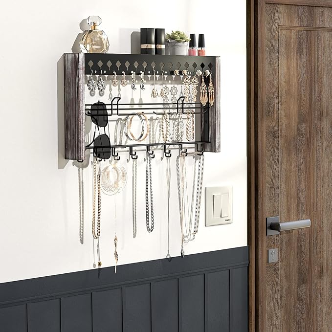 JackCubeDesign MK460A - Wood Wall Mount Jewelry Organizer with Metal Hooks (Rustic Wood)
