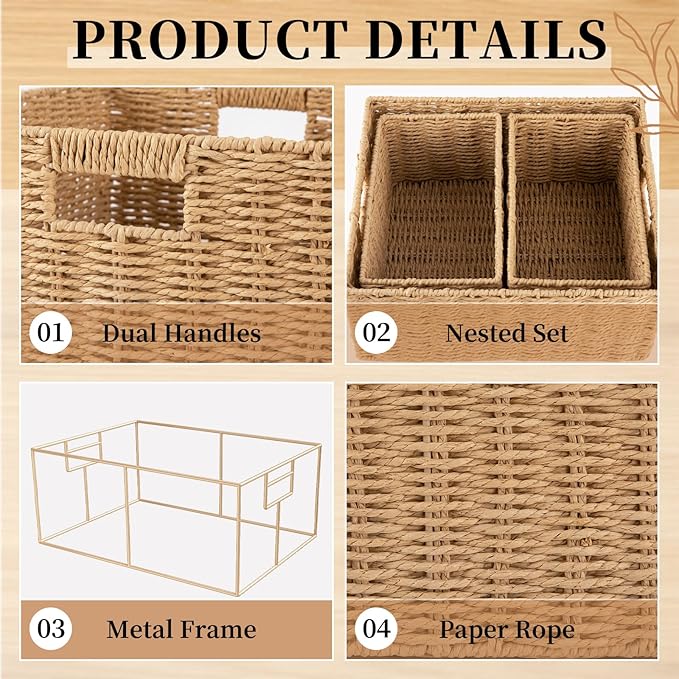 OIAHOMY Wicker Baskets for Organizing, Large and Small Shelf Baskets Set, Handwoven Bins for Storage,Paper Rope Home Organizers, Set of 3-Yellow