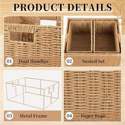 OIAHOMY Wicker Baskets for Organizing, Large and Small Shelf Baskets Set, Handwoven Bins for Storage,Paper Rope Home Organizers, Set of 3-Yellow
