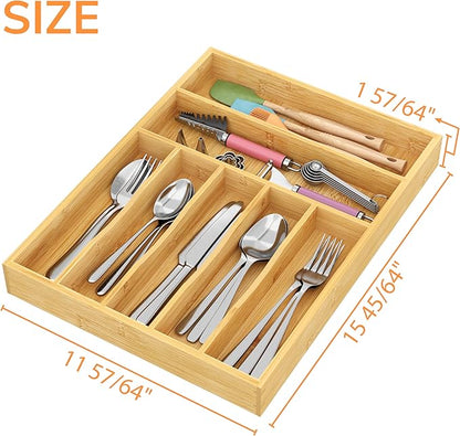 BAMEOS Bamboo Silverware Drawer Organizers, 11.9 inch Utensil Drawer Organizer for Kitchen Drawers, 7 Slots Total Large Flatware Organizer for Knives Cutlery Spoons Forks (Natural)