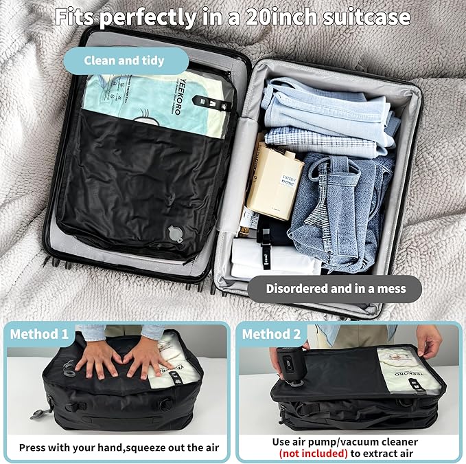 Compression Packing Cubes for Travel, Vacuum Bags for Business Trip, Professional IP67 Reusable Packing Cubes for 20 inch Suitcases, Organizer Bags for Luggage for Women & Men(1 PACK, No Pump)