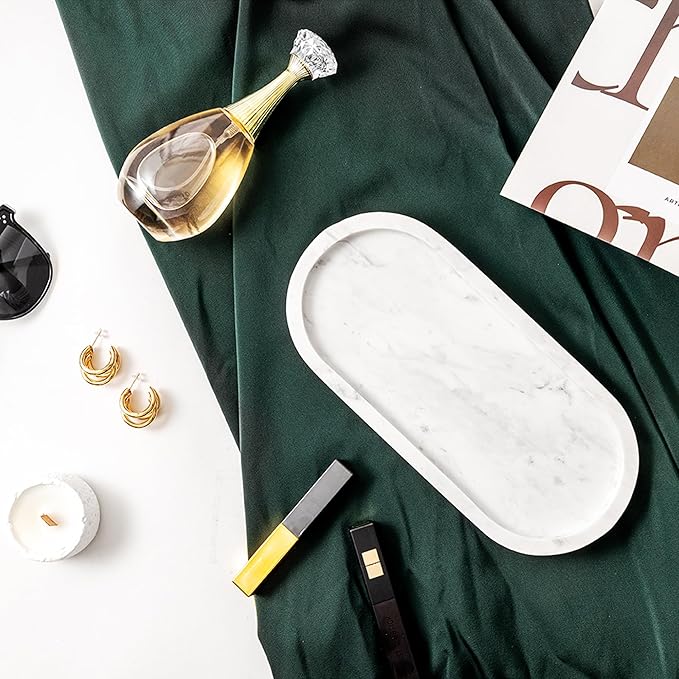 Natural Marble Vanity Tray Italy Oval Stone Trays for Candles Perfume, Decorative Jewelry Dish for Small Items, Countertop Storage Organizer for Home Bathroom Kitchen Matte Surface White (BH101)