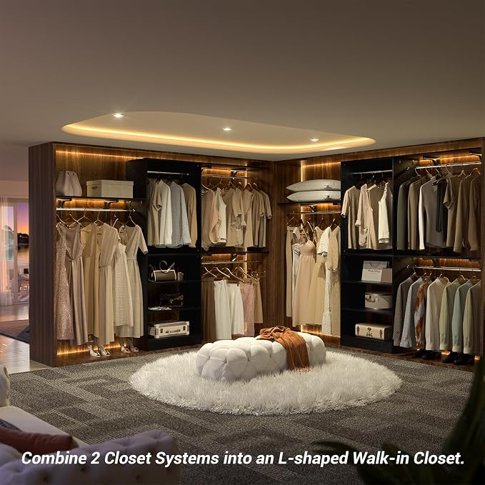 iSunirm 8FT Closet System with Shelves, 96'' Closet Organizer System with 3 Hanging Rods, Wall Mount Bedroom Wardrobe Walk-in Closet, Adjustable Cloth Garment Rack from 5 to 8FT (Cut to Fit), Black