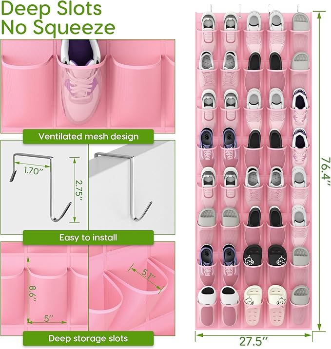 Over the Door Shoe Organizer with 40 Large Breathable Mesh Pockets, Space Saving Shoe Holder, Hanging Shoe Rack for Entryway Bedroom Closet Storage (Pink, 40 Pockets)