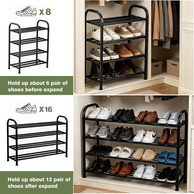 4-Tier Expandable Shoe Rack, Stackable and Adjustable Shoes Organizer Storage Shelf, Sturdy and Durable Metal Structure Free Standing Shoe Rack for Closet Entryway Doorway