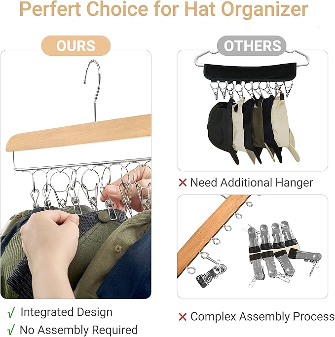 Mkono Hat Hangers for Closet Set of 2 Wooden Hat Racks Organizer for Baseball Caps with 20 Stainless Steel Clips, Baseball Hat Holder for Closet Storage, Fits All Caps, Wood Color