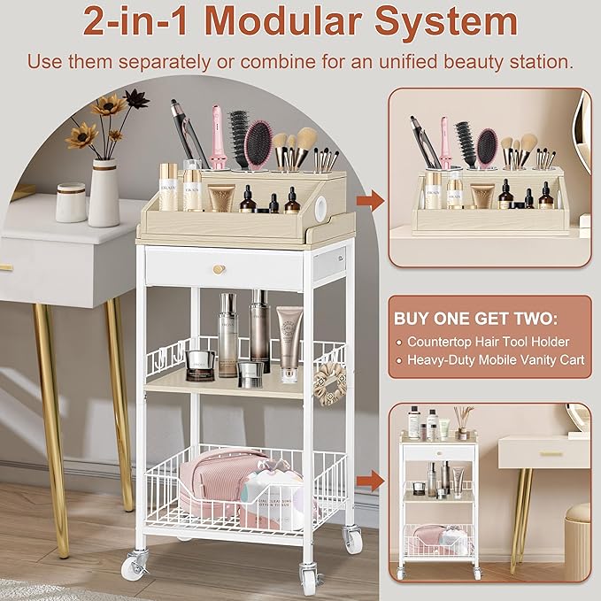 Makeup Organizer Cart with Removable Cosmetic Display Case, Large Makeup Cart with Drawer and 4 SS Tool Cups, 2-in-1 Vanity Organizer for Skincare Perfume Nail Polish Brush, White & Natural