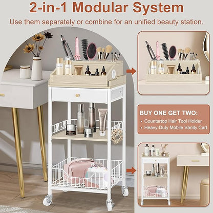 Makeup Organizer Cart with Removable Cosmetic Display Case, Large Makeup Cart with Drawer and 4 SS Tool Cups, 2-in-1 Vanity Organizer for Skincare Perfume Nail Polish Brush, White & Natural