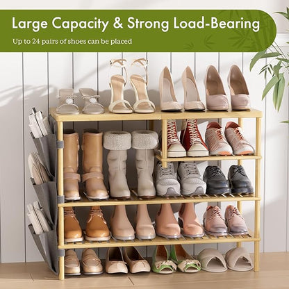 Bamboo Shoe Rack, 4 Tiers Shoe Organizer for Closet, Shoes Storage for 20-24 Pairs, Freestanding Shoe Shelf with Removable Pocket for Entryway Bedroom Front Door Dorm