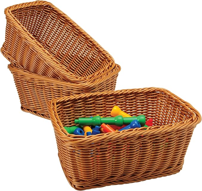 Set of 3 Rectangular Plastic Woven Storage Baskets, Organization Bins for Classroom, Home Decor, or Office Use, 11" x 7" x 5"