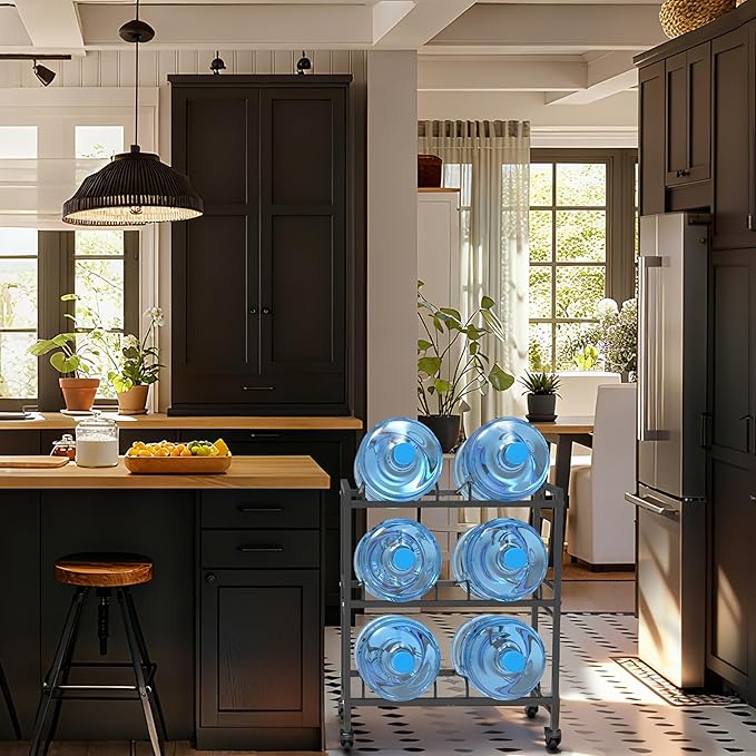 Heavy Duty 3 Tiers Water Rack Double Row with 4 Wheels - Space Saving Dispenser Stand 5 Gallon Water Storage Rack Bottle Jug Holder Organizer/Lockable&Removable Casters/Kitchen Office Garage/6 Slots