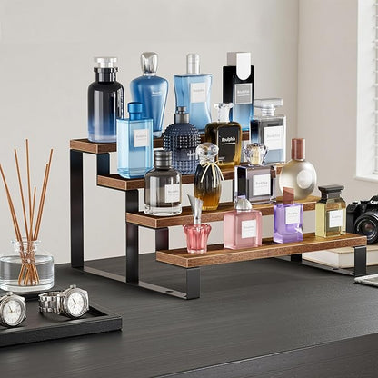 Boulphia Cologne Organizer for Men, 12 Inch Wood Cologne Stand 4 Tier Perfume Organizer for Dresser, Versatile Step Display Stand Shelf for Fragrance, Skincare, Figurine, Dessert, 1 Set Brown