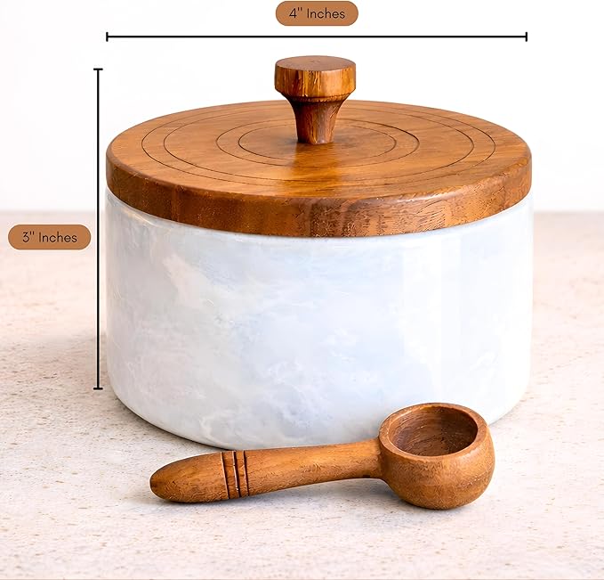 Marble salt cellar with lid and spoon, salt container with spoon, salt bowl with acacia wood lid, salt holder for countertop, salt jar - White