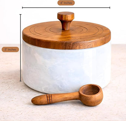 Marble salt cellar with lid and spoon, salt container with spoon, salt bowl with acacia wood lid, salt holder for countertop, salt jar - White