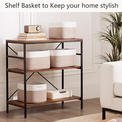 Storage Baskets for Shelves Set of 4 Woven Cotton Rope Rectangle Toy Bin for Baby Nursery 12.7"Lx9"Wx7.9"H Brown & White