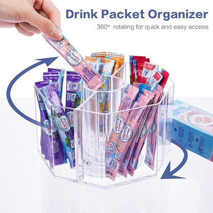 Drink Packet Organizer, 360 Degrees Rotating Acrylic Lazy Susan Organizer for Powdered Drink Mix Powder Packet, Water Flavor Packet Holder for Kitchen Pantry Storage, 5-Section