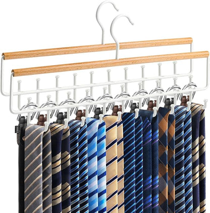 2PCS Tie Rack Hanger for Closet Upgraded 2-in-1 Tie and Belt Hanger Non Slip Tie Rack with 20 Hooks Tie Hanger Space Saving Wooden Belt Tie Organizer for Tank Tops Bras Cami Scarves, Wooden