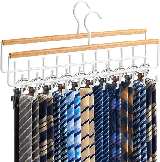 2PCS Tie Rack Hanger for Closet Upgraded 2-in-1 Tie and Belt Hanger Non Slip Tie Rack with 20 Hooks Tie Hanger Space Saving Wooden Belt Tie Organizer for Tank Tops Bras Cami Scarves, Wooden