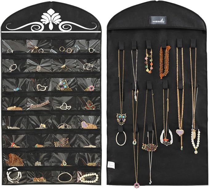 MISSLO Jewelry Hanging Non-Woven Organizer Holder 32 Pockets 18 Hook and Loops - Black