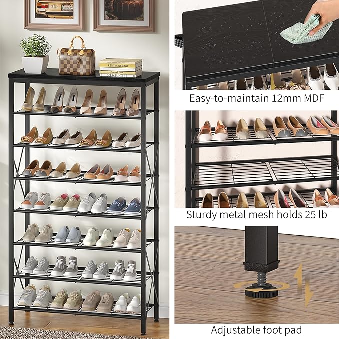 8 Tier Shoe Rack for Closet, Tall Shoe Storage for 32 Pairs, Adjustable Shoe Organizer for Front Door Entrance Bedroom Garage, Black