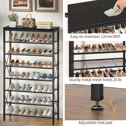 8 Tier Shoe Rack for Closet, Tall Shoe Storage for 32 Pairs, Adjustable Shoe Organizer for Front Door Entrance Bedroom Garage, Black