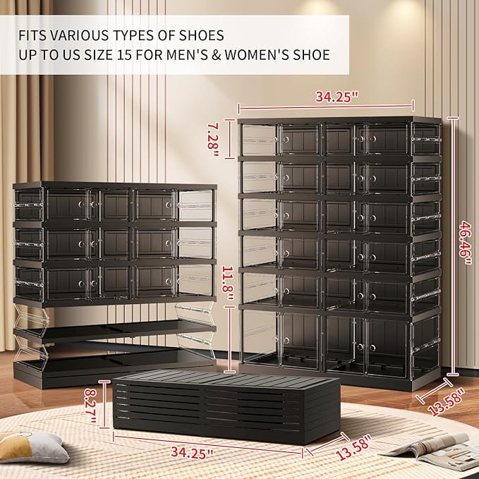 CIMLORD 6-Tier Foldable Shoe Rack for Closet Entryway 12-24Pairs,Stackable Clear Shoe Storage Boxes Organizer with Door Plastic Shoe Cabinet Bins with Lids Shoes Shelf Easy Assembly Large Black