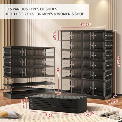 CIMLORD 6-Tier Foldable Shoe Rack for Closet Entryway 12-24Pairs,Stackable Clear Shoe Storage Boxes Organizer with Door Plastic Shoe Cabinet Bins with Lids Shoes Shelf Easy Assembly Large Black