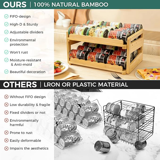 MinBoo Adjustable Can Organizer Rack, Two Tier Bamboo Stackable FIFO Cans Dispenser, Modern Style, Countertop, Assembly Required, Anti Shedding