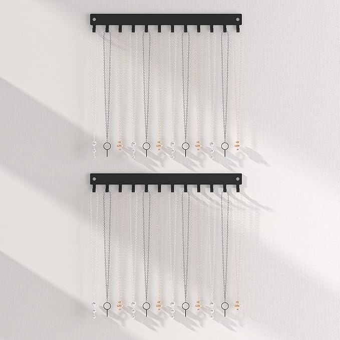 Necklace Holder Organizer Wall Mount,12 Hooks Metal Jewelry Hanger Organizer for Necklace Bracelet Chains, Black (2)