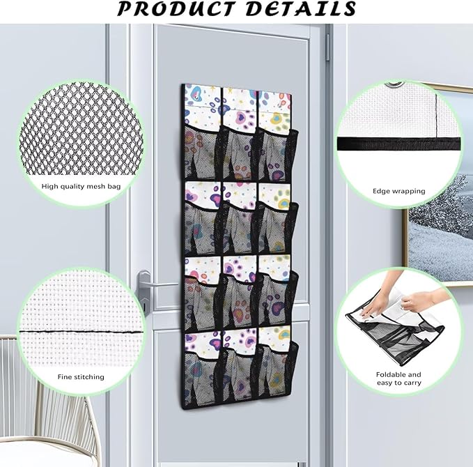 Colored Dog Paw Hanging Storage Bags,Shoe Organizer Door Hanger with 12 Mesh Large Pockets,Space Saver Hanging Shoe Storage Hanging Bag